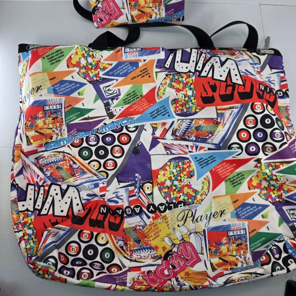 LeSportsac RARE Let's Play Arcade Game Pinball Billiards Print Tote Bag w Pouch